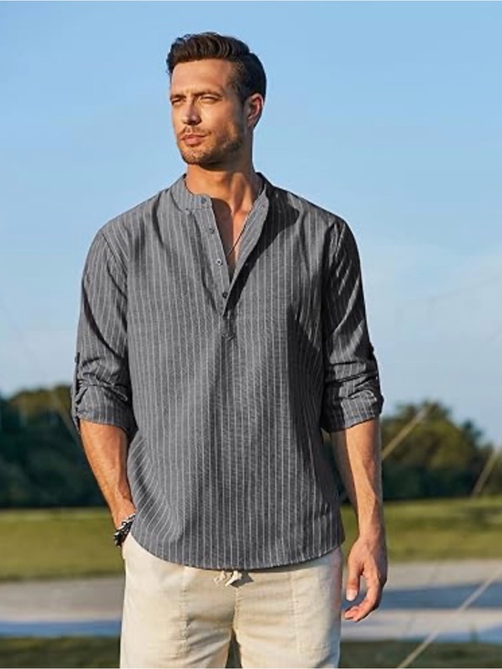 Coofandy Other - Men's Grey Striped Mandarin Collar Button-Down Shirt